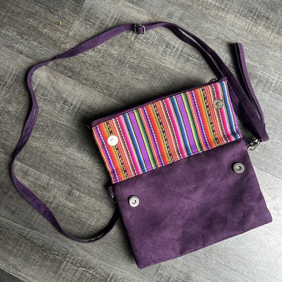 Peruvian Crossbody/Clutch Foldover Bag Purple with Rainbow Striping Wrist Strap - Picture 3 of 9